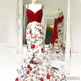 2 pieces Spaghetti Red Top Floral Mermaid Skirt Prom Dresses, Popular Prom Dresses, PD0386