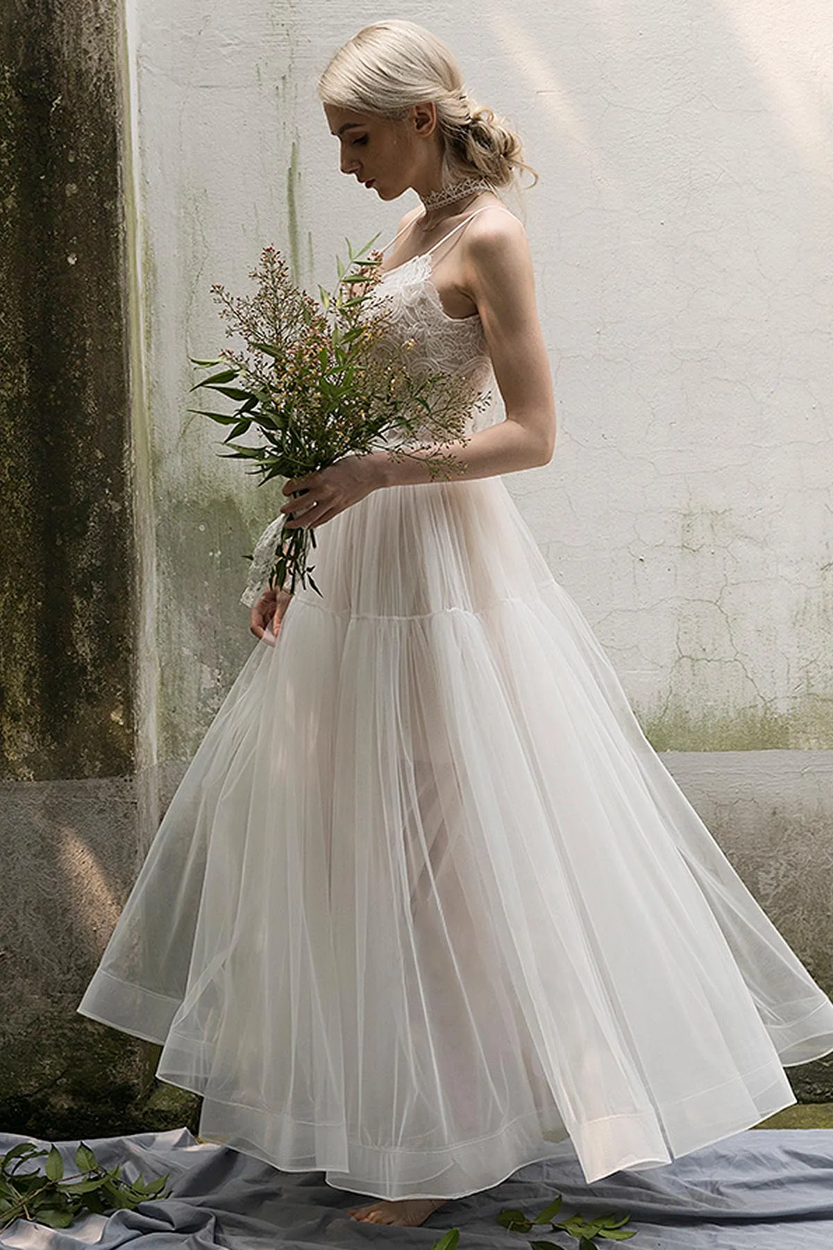 A-Line Ankle Length Lace Tulle Wedding Dress CW3020