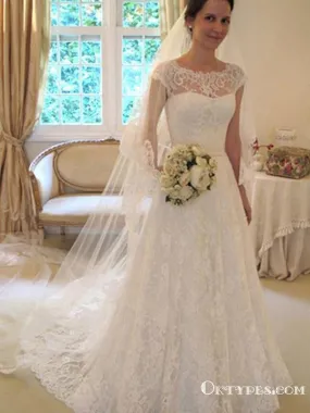 A-line Cap Sleeves Elegant White Lace Long Wedding Dresses with Sashes, TYP1942