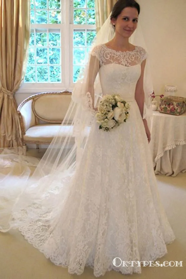 A-line Cap Sleeves Elegant White Lace Long Wedding Dresses with Sashes, TYP1942