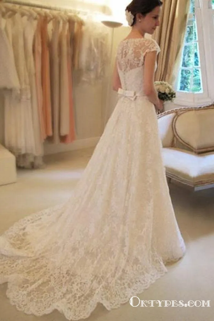 A-line Cap Sleeves Elegant White Lace Long Wedding Dresses with Sashes, TYP1942