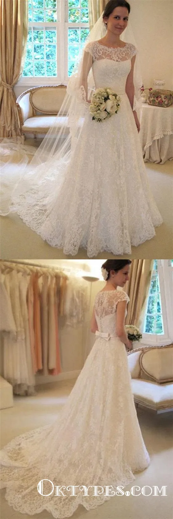 A-line Cap Sleeves Elegant White Lace Long Wedding Dresses with Sashes, TYP1942