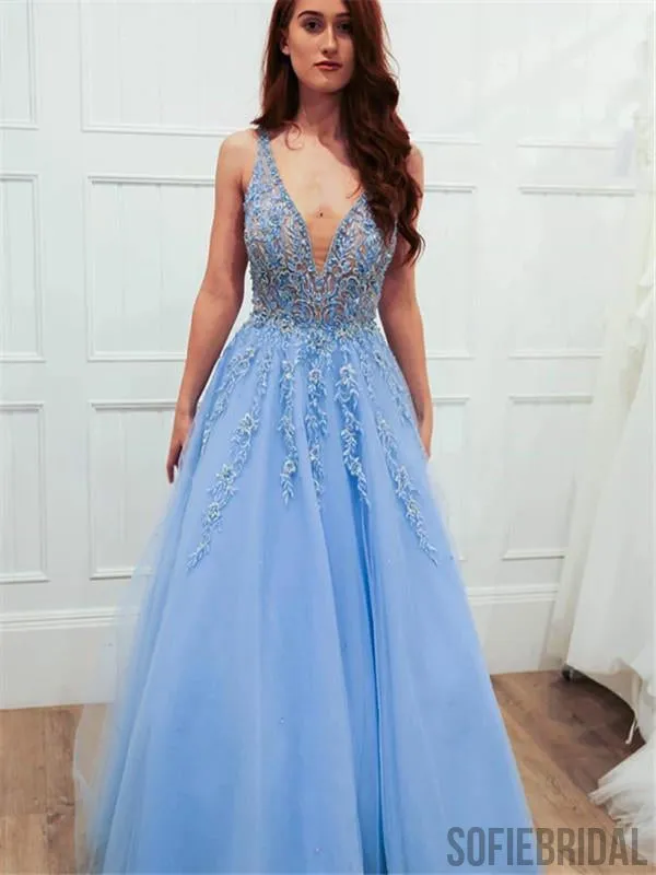 A-line Floor-length Deep V-neck Appliques Backless Long Prom Dresses, PD0106