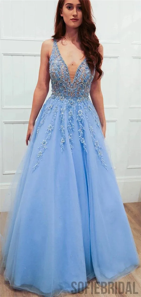 A-line Floor-length Deep V-neck Appliques Backless Long Prom Dresses, PD0106