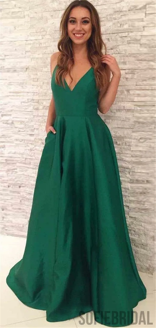 A-line Floor-length Straps V-neck Emerald Green Prom Dresses, PD0050