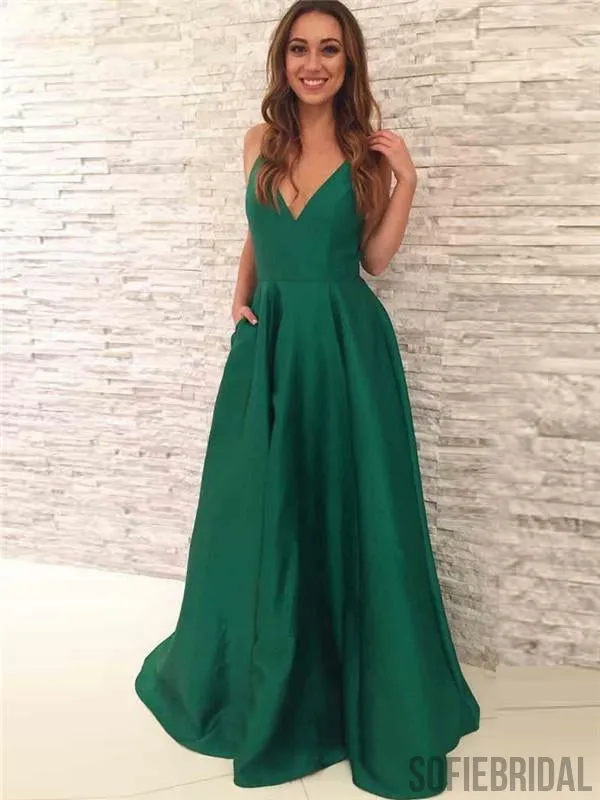 A-line Floor-length Straps V-neck Emerald Green Prom Dresses, PD0050