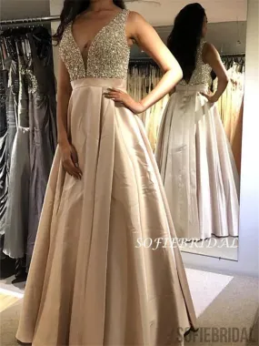 A-line Floor-length V-neck Beading Top Long Prom Dresses, PD1005