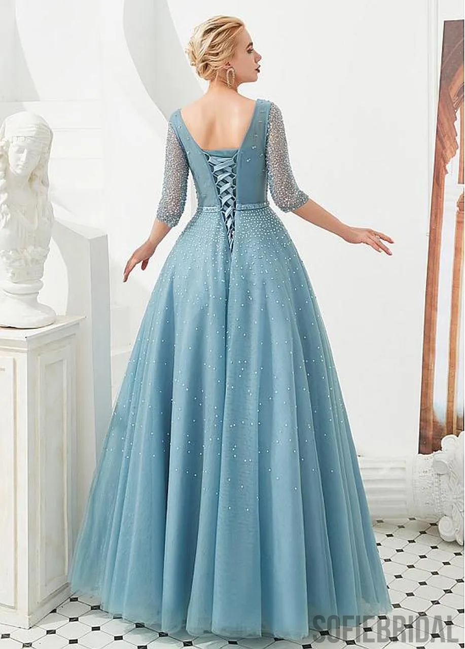 A-line Floor-length V-neck Half Sleeves Sequins Lace-up Back Prom Dresses, PD1010