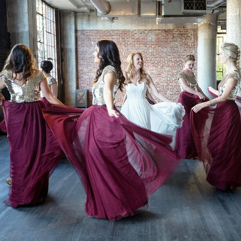 A-Line Round Neck Long Burgundy Bridesmaid Dress with Sequins, TYP1410