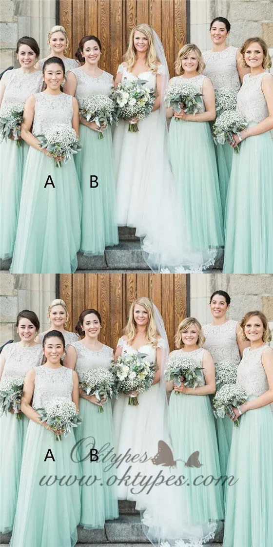 A-Line Round Neck Mint Green Bridesmaid Dress with Lace, TYP1407