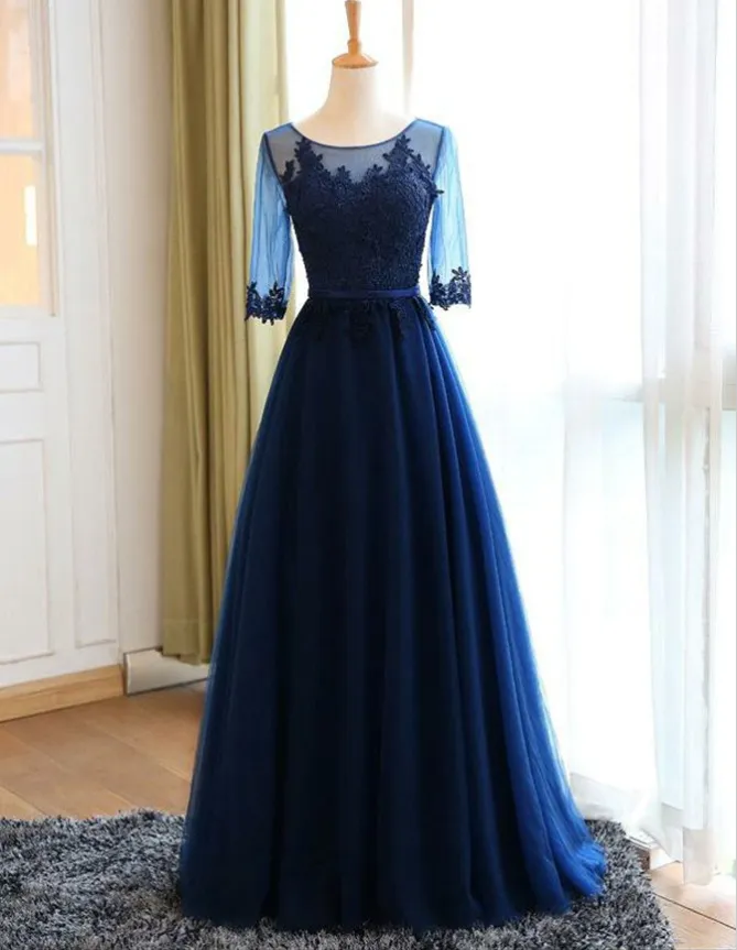 A-Line Round Neck Navy Blue Tulle Prom Dresses with Appliques, TYP1306