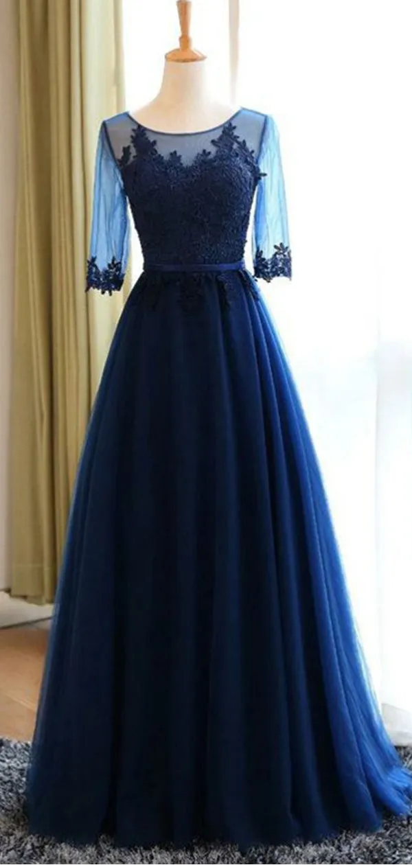 A-Line Round Neck Navy Blue Tulle Prom Dresses with Appliques, TYP1306