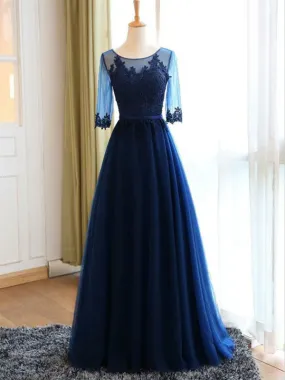 A-Line Round Neck Navy Blue Tulle Prom Dresses with Appliques, TYP1306