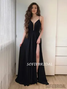 A-line Spaghetti Straps Deep V-neck Black Prom Dress With Split, PD1034