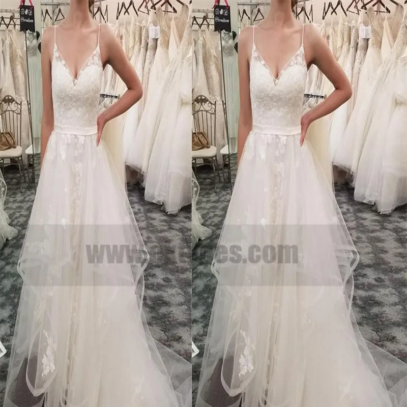 A-Line Spaghetti Straps Sweep Train Wedding Dresses with Appliques, TYP0732