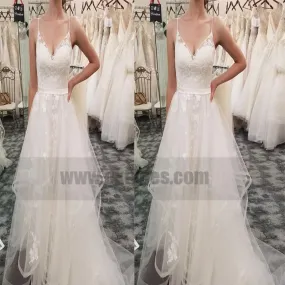 A-Line Spaghetti Straps Sweep Train Wedding Dresses with Appliques, TYP0732