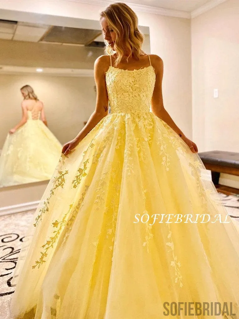 A-line Straps Appliques Yellow Lace-up Back Long Prom Dresses, PD1060