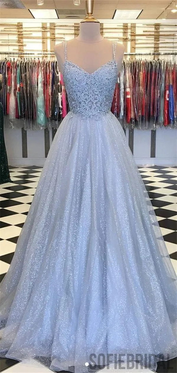 A-line Straps Blue Sleeveless Lace Sparkly Tulle Prom Dresses, PD0079