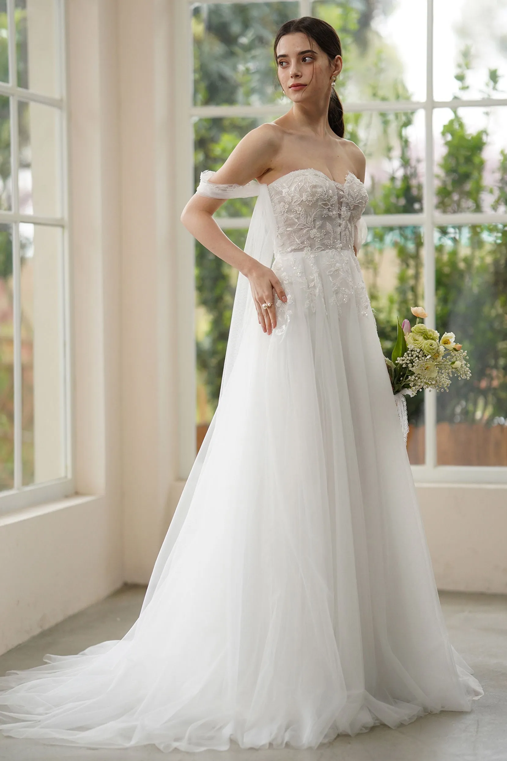 A-Line Sweep-Brush Train Lace Tulle Wedding Dress CW3313