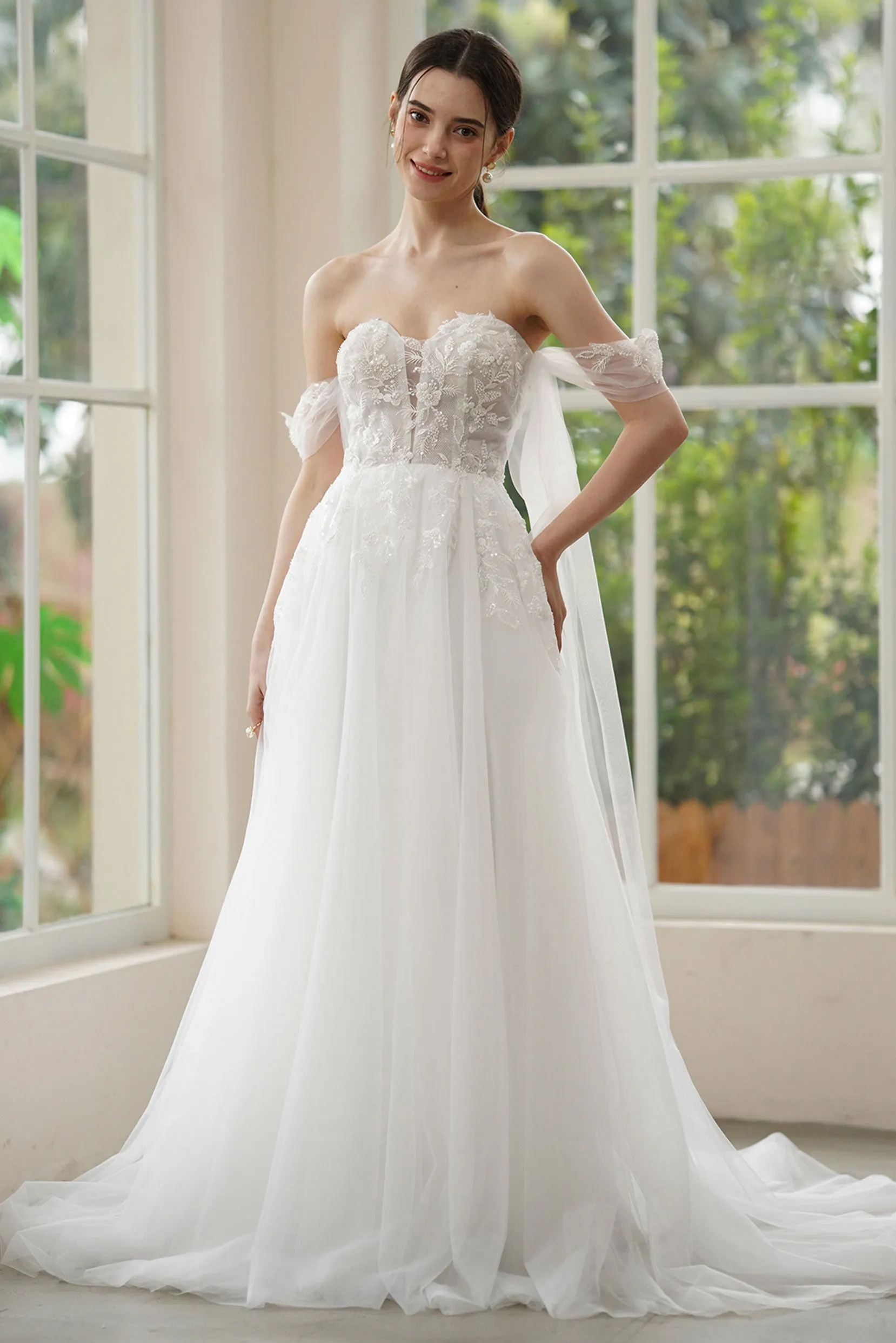 A-Line Sweep-Brush Train Lace Tulle Wedding Dress CW3313