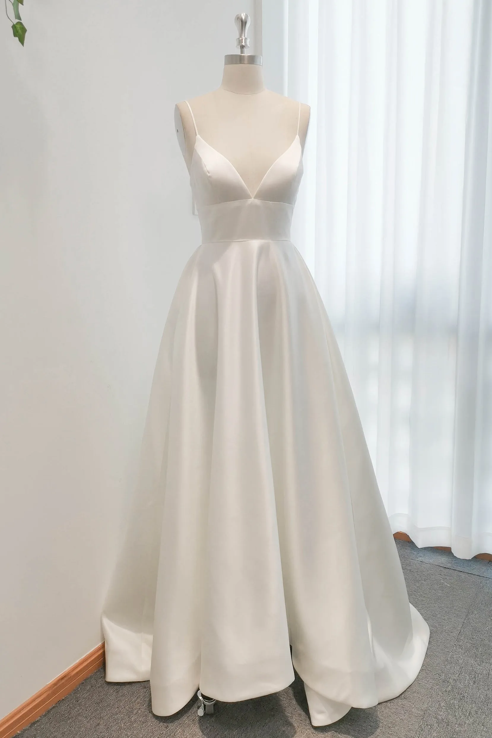 A-Line Sweep-Brush Train Satin Wedding Dress CW3112