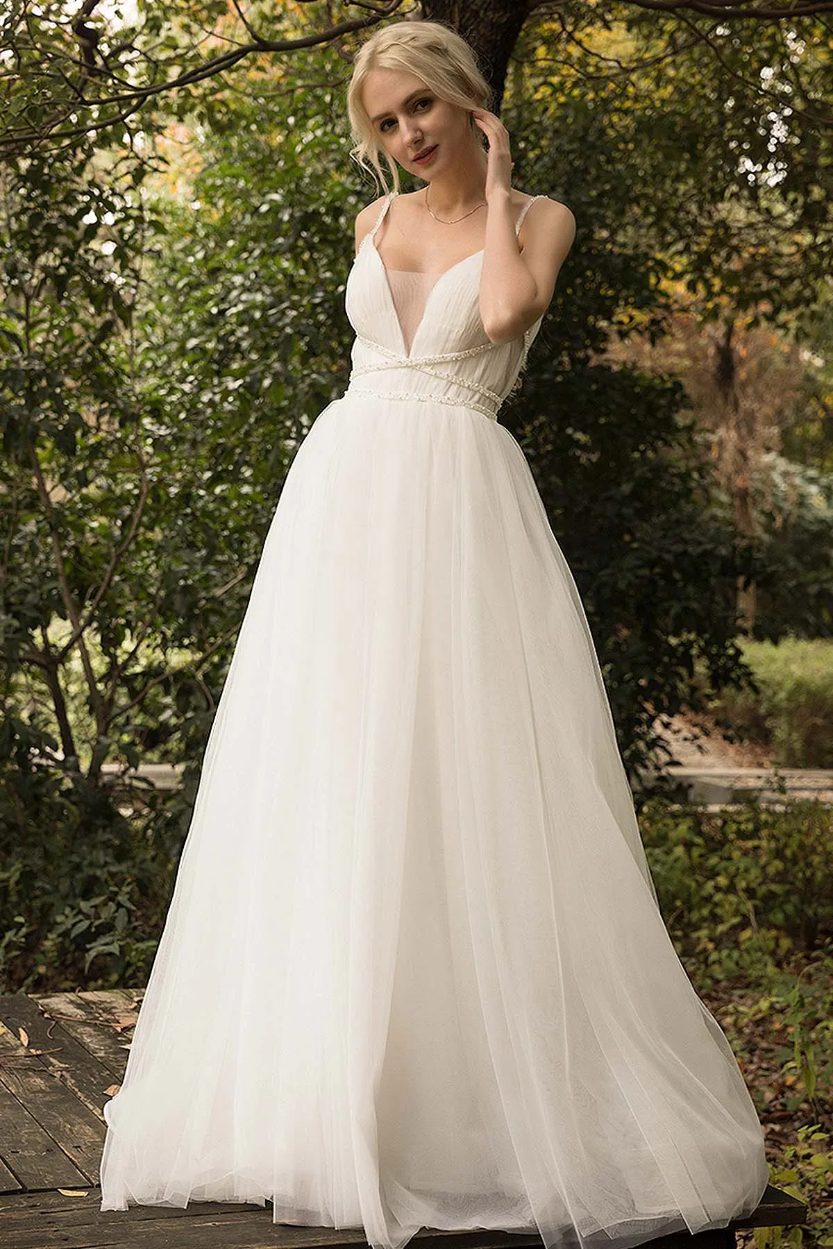 A-Line Sweep-Brush Train Tulle Wedding Dress CW3024