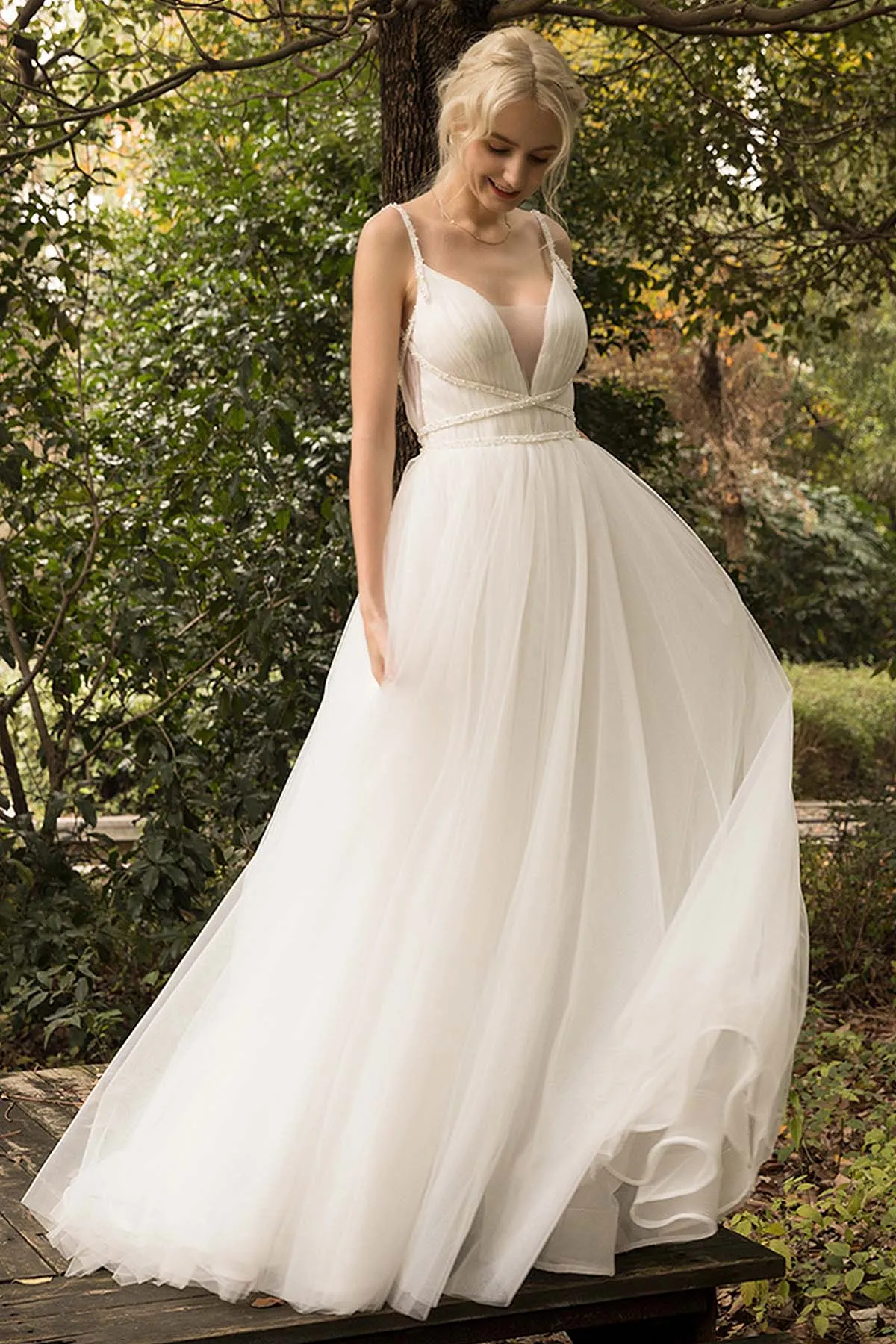 A-Line Sweep-Brush Train Tulle Wedding Dress CW3024