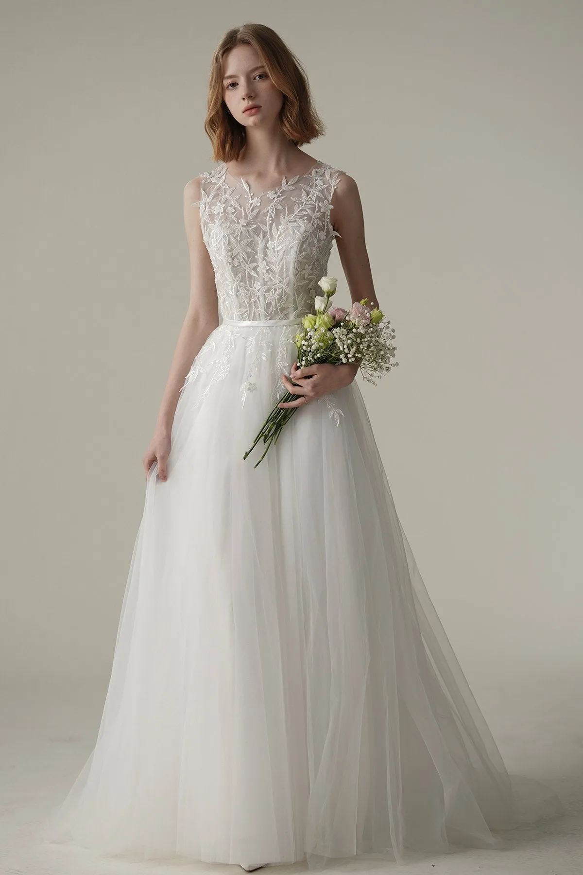 A-Line Sweep-Brush Train Tulle Wedding Dress CW3092