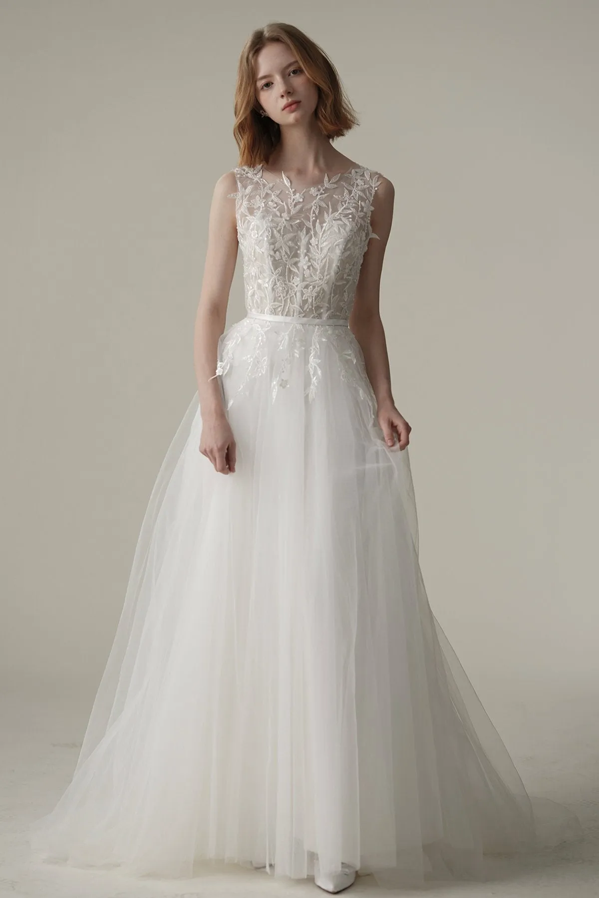 A-Line Sweep-Brush Train Tulle Wedding Dress CW3092