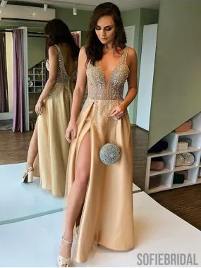 A-line V-neck Floor-length Backless Prom Dresses With Split, PD0046