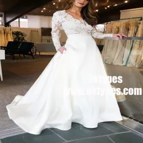 A-Line V-Neck Lace Top Long Sleeves Satin Wedding Party Dress with Pockets, TYP0896