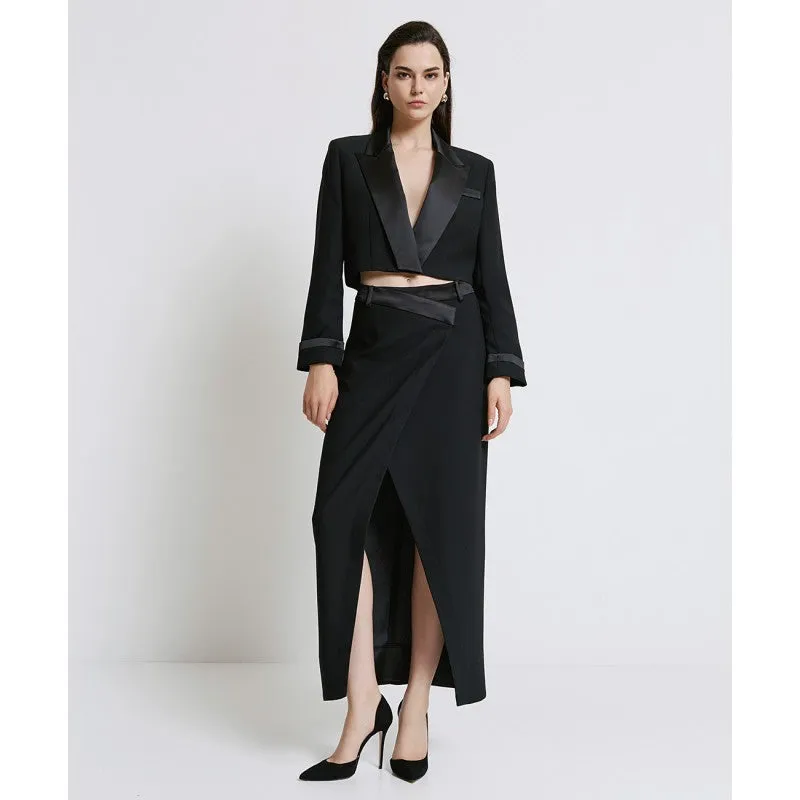 Access Fashion Black Cropped Blazer With Satin Details