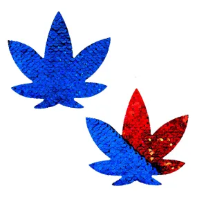 American Spirit Blue & Red Flip Sequins Dope AF Weed Leaf Nipple Cover Pasties