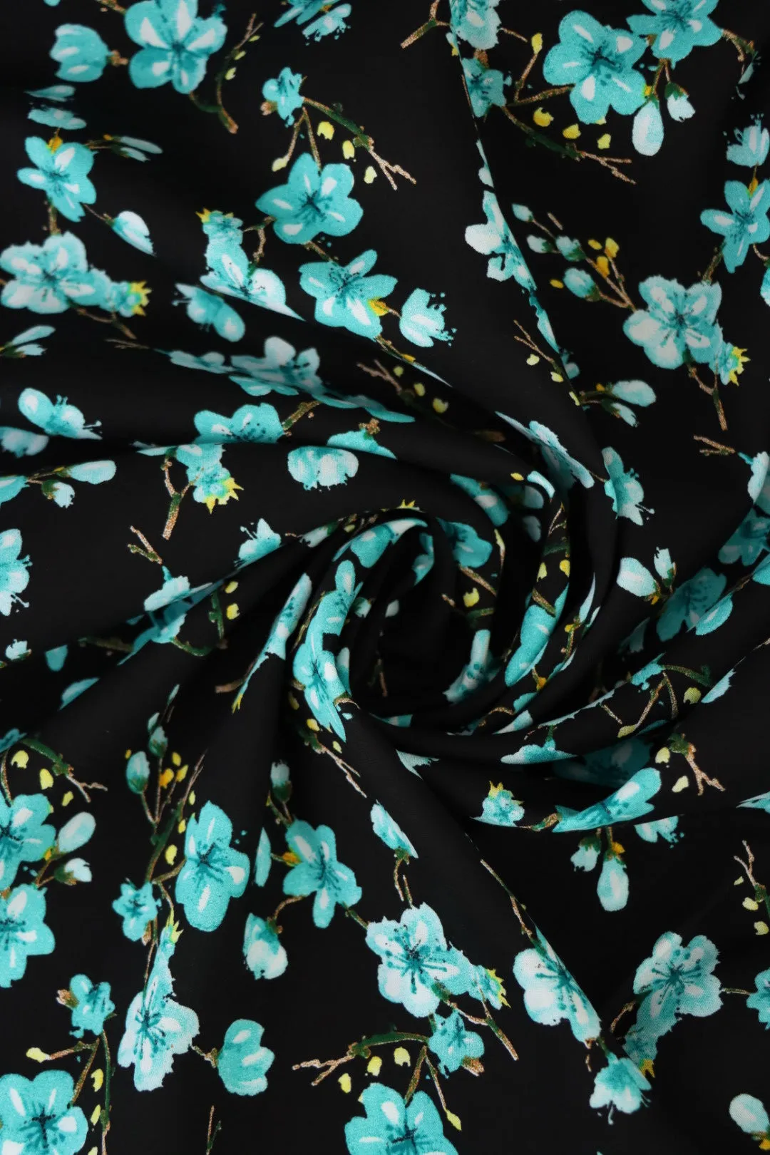 Aqua Plumerias on Black Rayon Challis