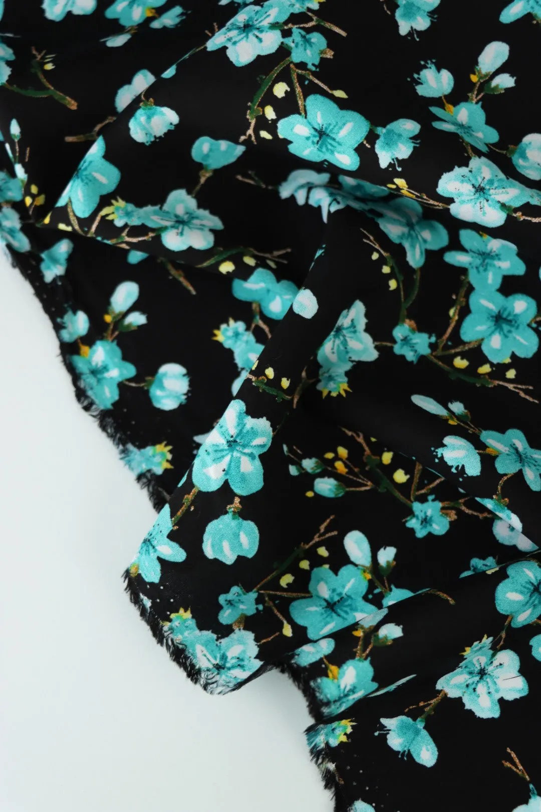 Aqua Plumerias on Black Rayon Challis