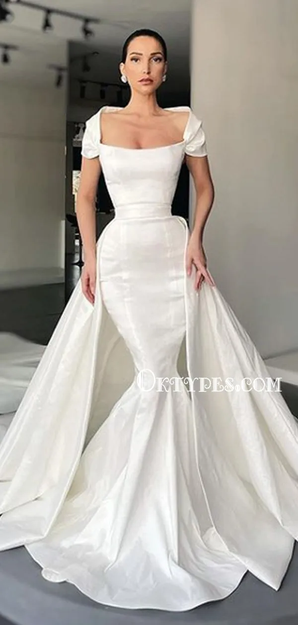 Bateau Cap Sleeve Satin Mermaid Long Wedding Dresses. TYP0979