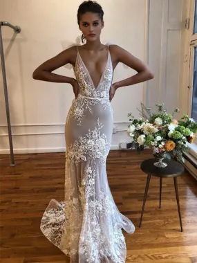 Beautiful V-neck Mermaid Lace Open Back Wedding Dresses, WDS0110