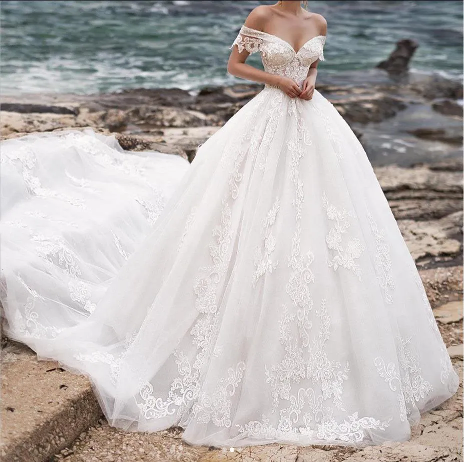 Beautiful V-neck Off Shoulder Cathedral Train Lace Elegant Wedding Dresses, WDS0111