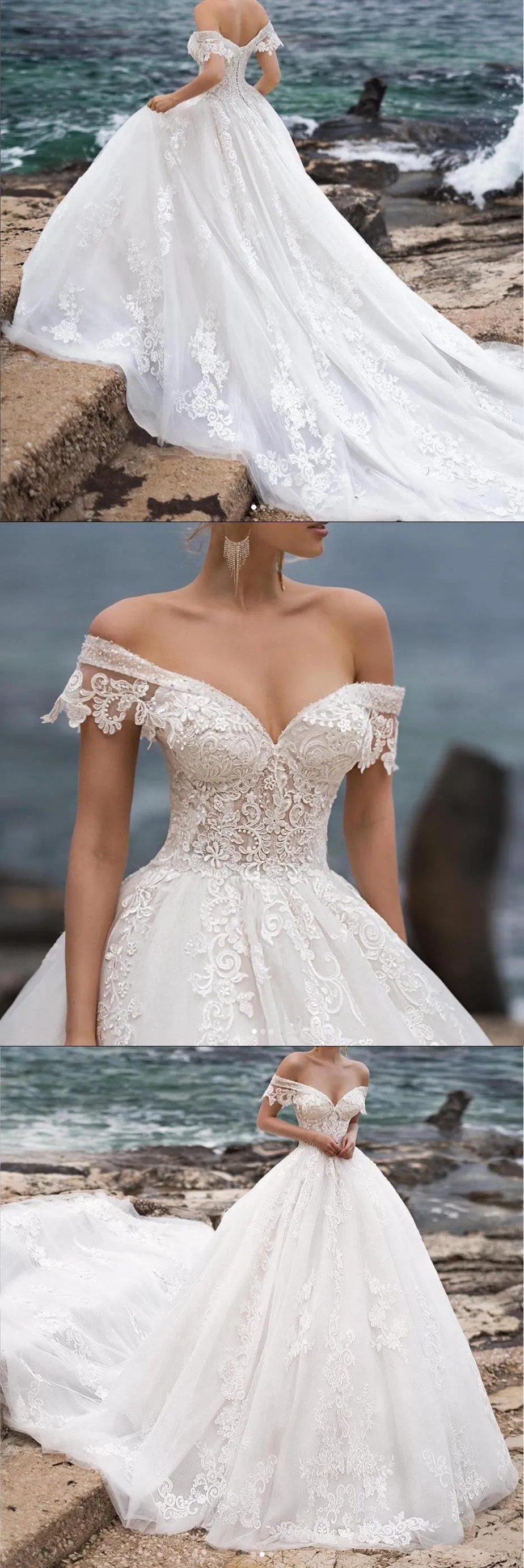 Beautiful V-neck Off Shoulder Cathedral Train Lace Elegant Wedding Dresses, WDS0111