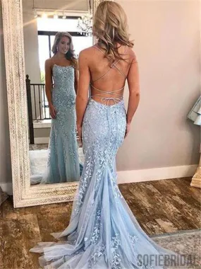 Blue Lace Applique Mermaid Sexy Cheap Long Prom Dresses, PD0059