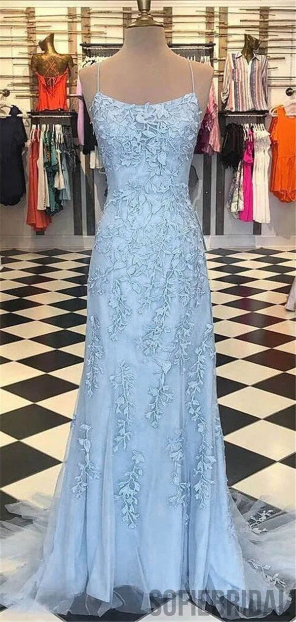 Blue Lace Applique Mermaid Sexy Cheap Long Prom Dresses, PD0059