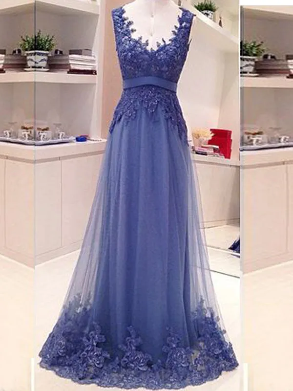 Blue Lace Open Back A-line Elegant Vintage Formal Evening Gown Prom Dress. PD071