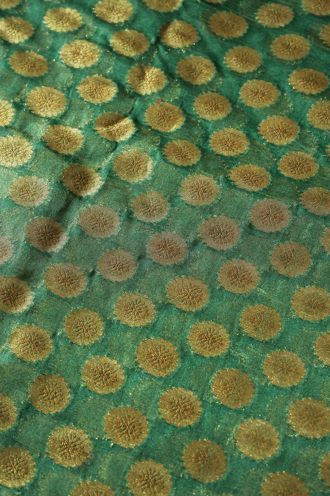 Bottle Green Floral Pure Net Gold Zari Banarasi Jacquard Fabric