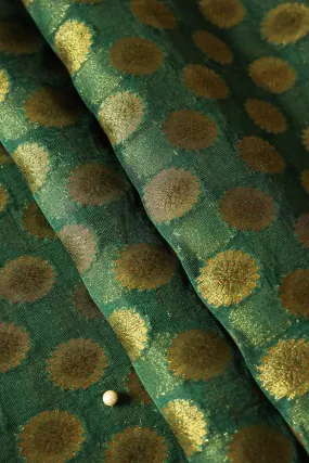 Bottle Green Floral Pure Net Gold Zari Banarasi Jacquard Fabric