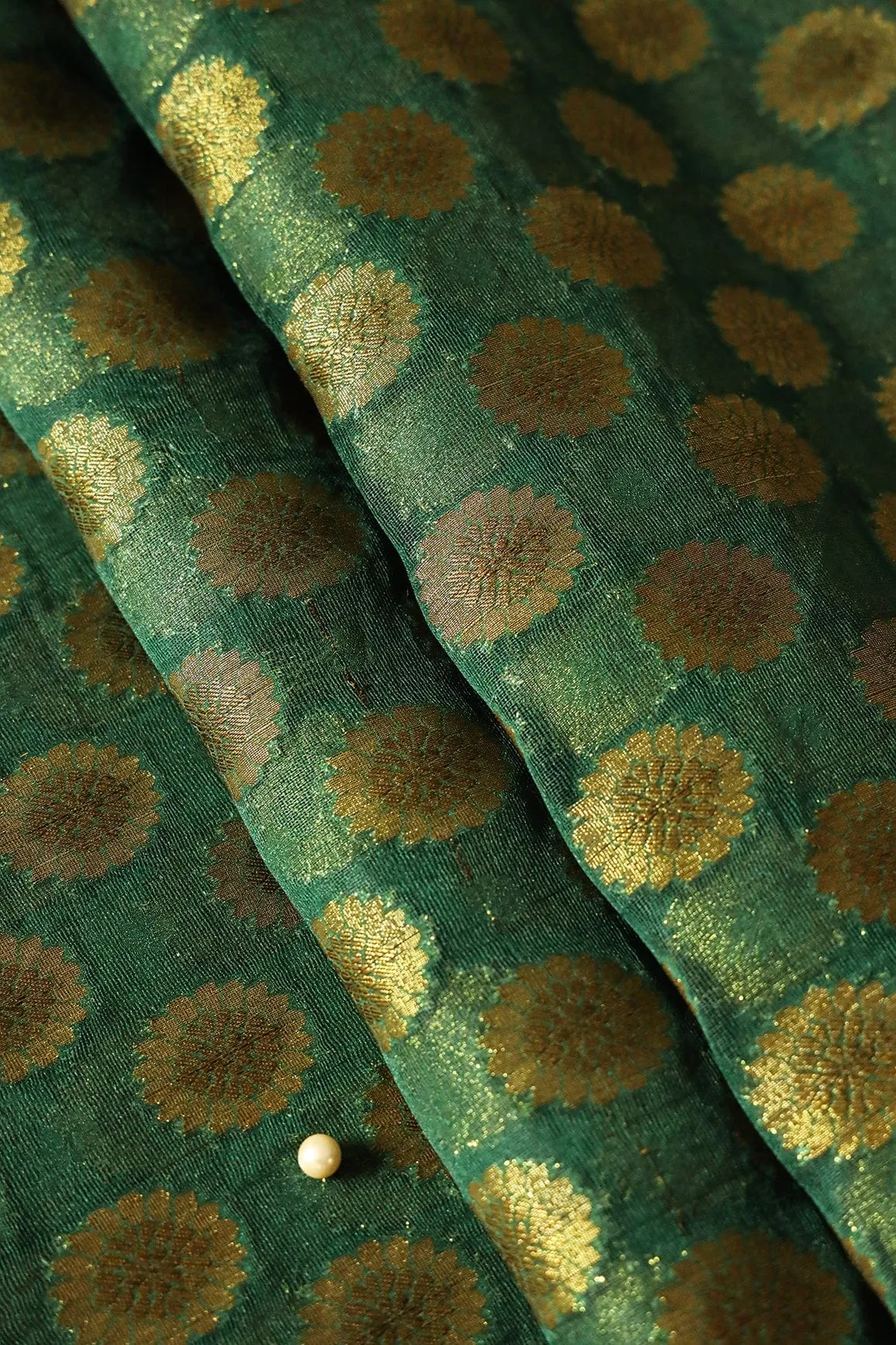 Bottle Green Floral Pure Net Gold Zari Banarasi Jacquard Fabric