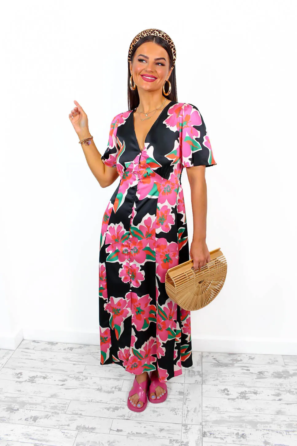 Brunch Babe - Black Multi Floral Midi Dress