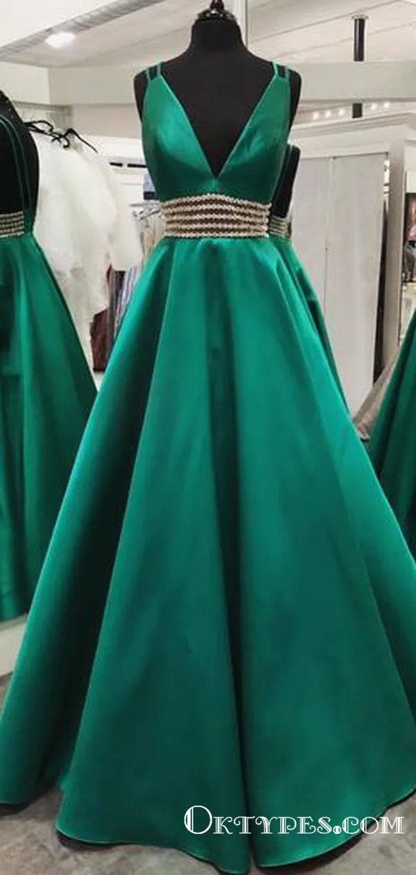 Charming Backless Long Cheap Green Prom Dresses with beading, TYP1725