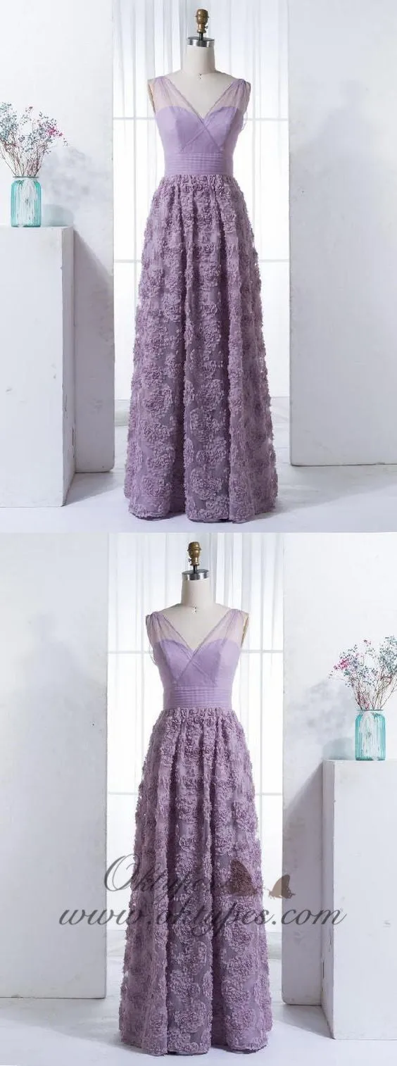 Charming Lilac V-neck Long Cheap Tulle Prom Dresses with Handmade Flowers, TYP1426