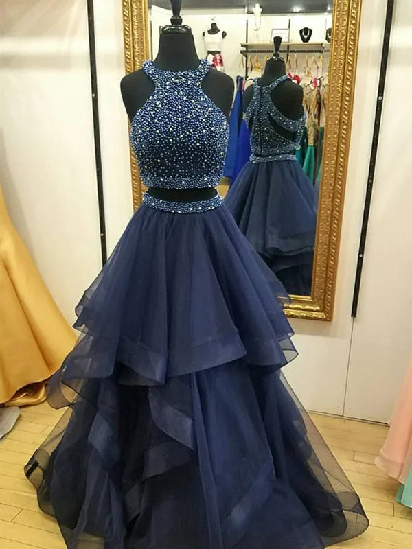 Charming Navy Blue Prom Dress, Two Piece Prom Dresses, Ball Gown Prom Dress, Beading Prom Dress, Long Party Dresses, TYP0052