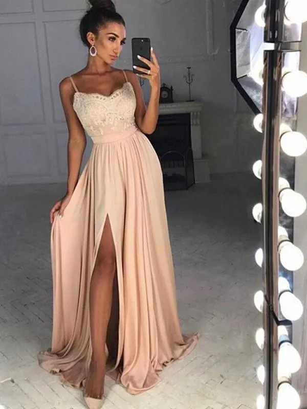 Charming Spaghetti Strap Lace Applique A Line Side Slit Long Evening Prom Dresses, PD0021